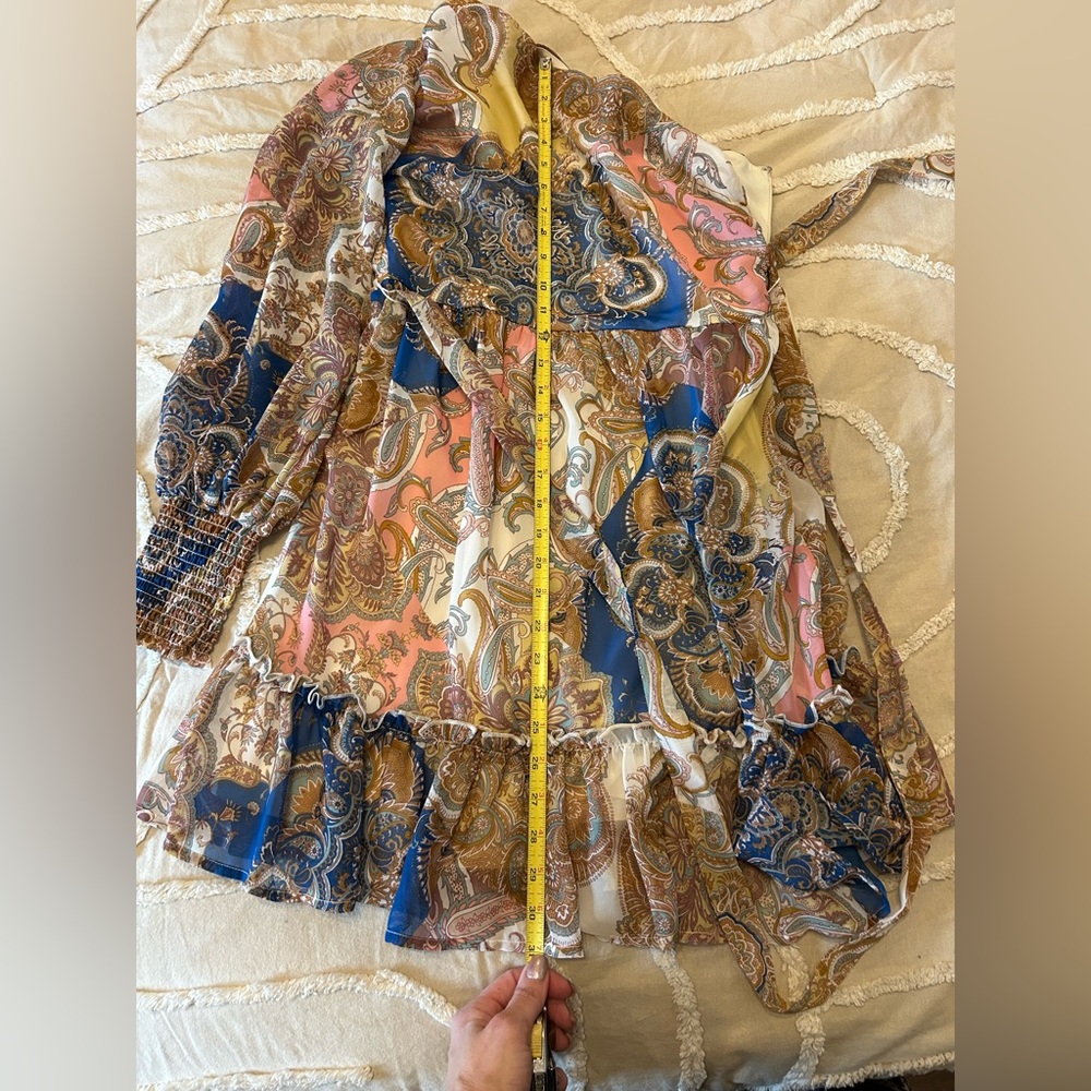 VENUS One-Shoulder Paisley Dress in Blue and Brown - Picture 6 of 6